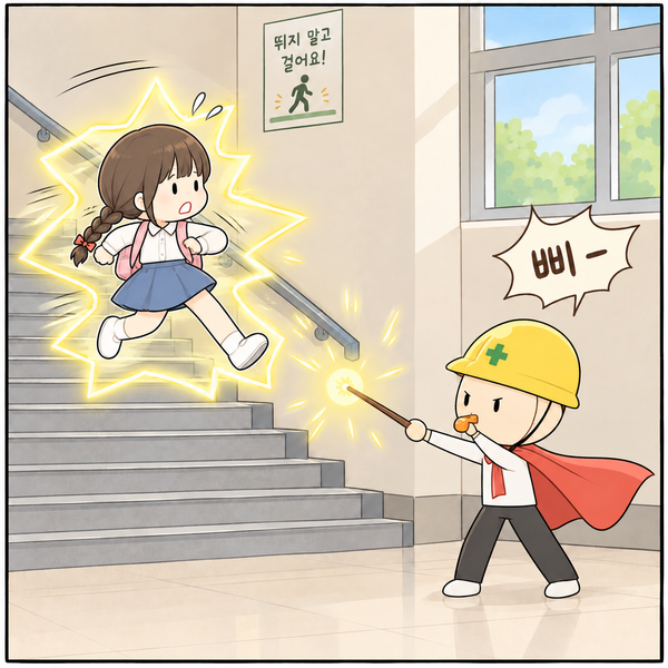 마법사 안전요원의 "뛰지말고, 안전하게 걸어요!"
